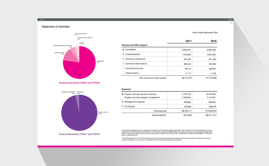 BRAC annual report spread with financial information