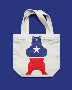 We Need More Party Animals tote bag with a bear on it and blue and red colors