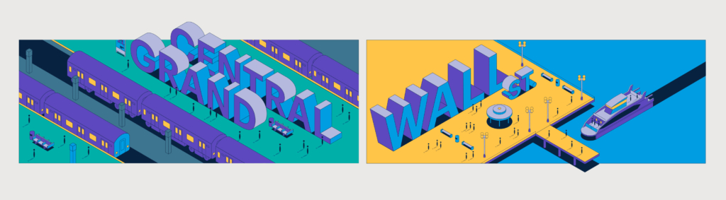 United Airlines Grand Central and Wall Street illustration